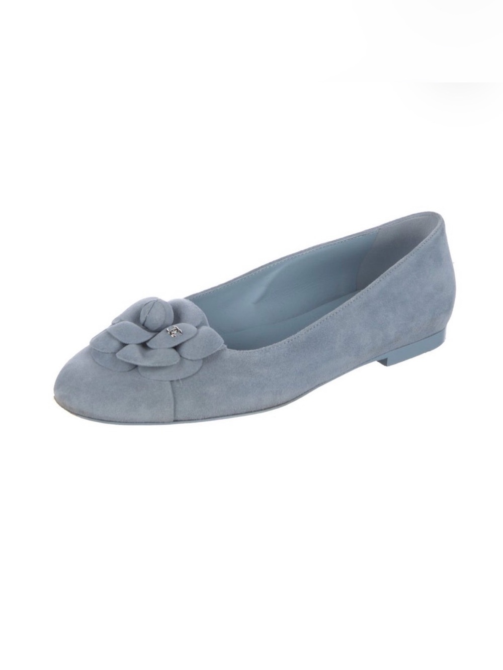 CHANEL Blue Suede Camellia Flats
